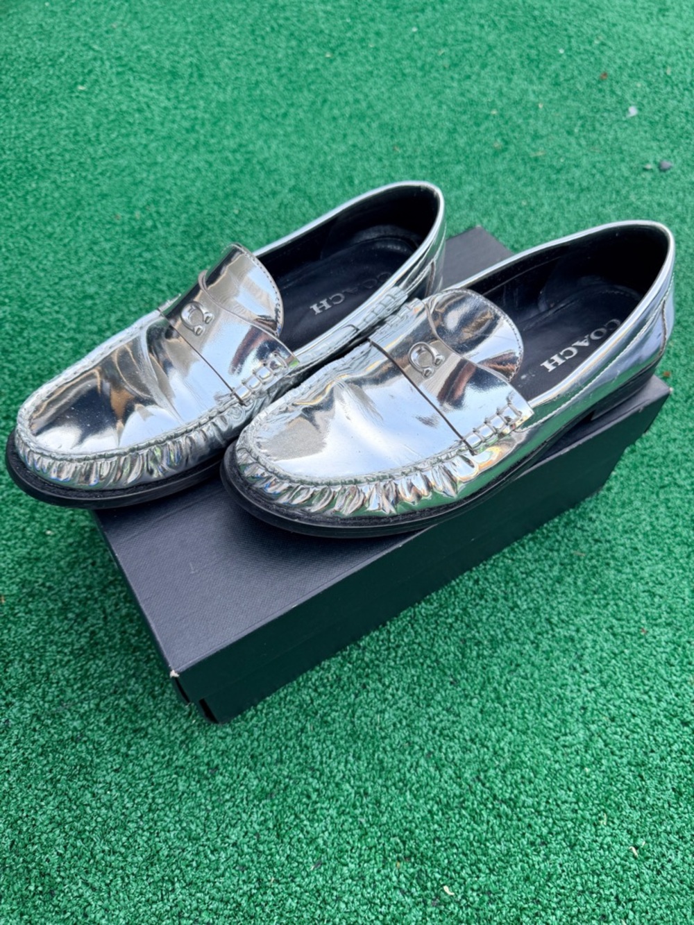 Coach Silver Metallic Penny Loafers